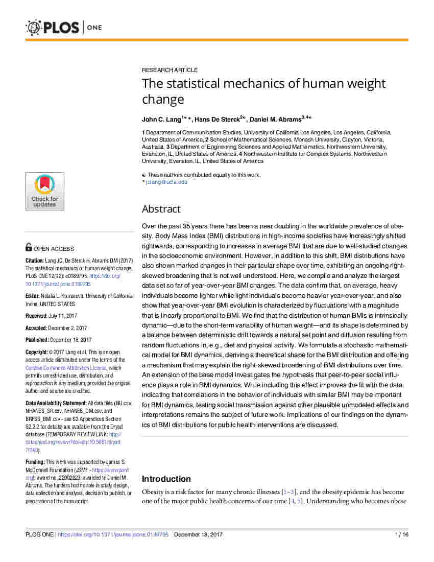 Lang De Sterck and Abrams - The statistical mechanics of human weight change - PLOS ONE 12, 0189795 (2017)